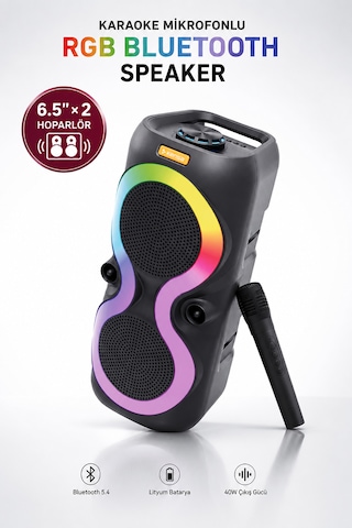 Taşınabilir Mikrofonlu 40w Led Işıklı Bluetooth Hoparlör Seti