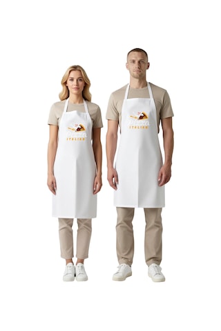 Unisex Mutfak Önlüğü İtalyan Pizza Baskılı Rahat Kesim Boyundan A Beyaz