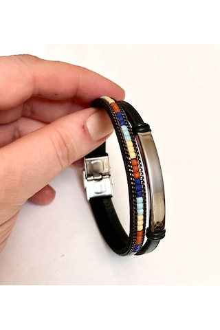 2li Kordon Kristal Taşlı Deri&çelik Kombinli Erkek Bileklik 21cm Çok Renkli