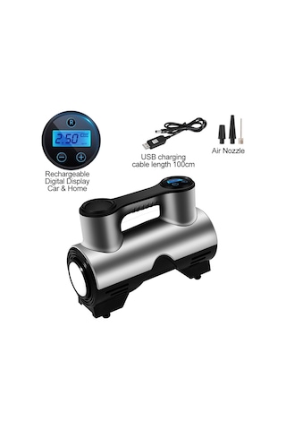 Reedark Araç Lastik Hisseli Şarjlı Hava Pompası, Otomatik Doldurma, Led Işık, 3 Uç, Ev/araç Kullanıma Uygun, St-211 Gümüş+siyah