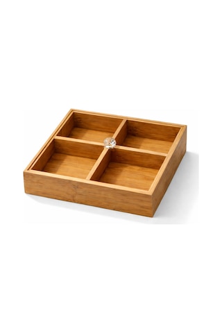 4 Bölmeli Ahşap Organizer,çerezlik,lokumluk,kahvaltılık,çay Poşeti,takı Kutusu,20x20 Cm,kulplu Kutu Bej