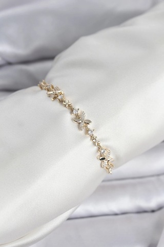 Mey İthalat Gold Renk Yonca Model Zirkon Taşlı Asansörlü Kadın Bileklik Çok Renkli