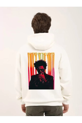 Efnaz Style Unisex Baskılı Oversize Üç İplik Kapüşonlu Sweatshirt - Beyaz