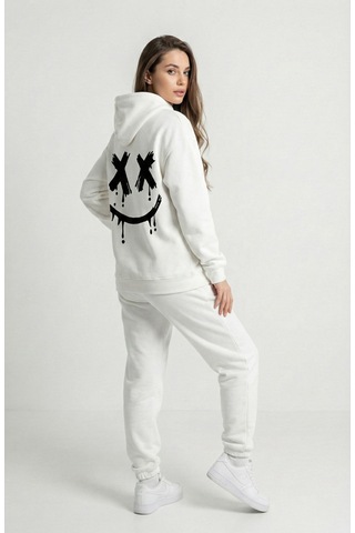 Nevermind Unisex Smile Baskılı Sevgili Kombini Oversize Hoodie Seti Beyaz