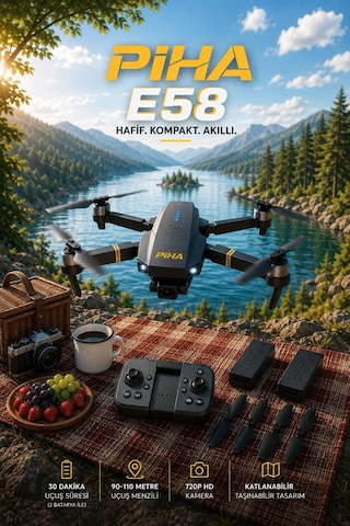 Piha E58 DRONE Yeni Fırçasız Motor 2 Batarya İle 30 DK Uçuş Süresi Hd 720p Çift Kameralı Taşıma Çantalı