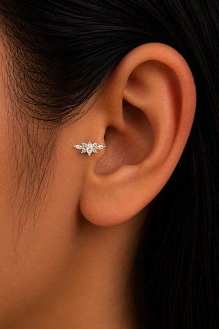 Sertifikalı 316l Çelik Markiz Ve Yuvarlak Taşlı Yaprak Form Premium Gümüş Renk Helix Piercing