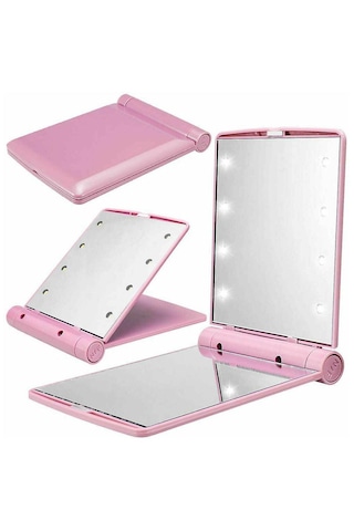 Techtic Katlanır Mini Işıklı Makyaj Aynası Cep Çanta Aynası 8 Led Pilli 23a 12v Pil Dahildir Pembe