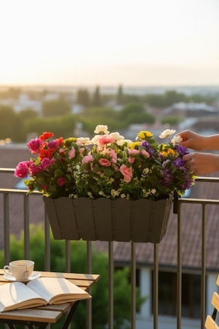 Yapay Çiçek Antrasit Balkon Saksıda Küpeşte Askılı Açelya Çiçeği Karışık Renkli Çiçek Sepeti 50cm Siyah