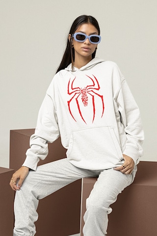 Sevbano Spider-man Logo Baskılı Unisex Oversize Örümcek Adam Hoodie Beyaz