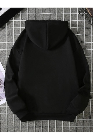 Yarım Kalp Sweatshirt - Siyah Baskılı Oversize Kapüşonlu Siyah