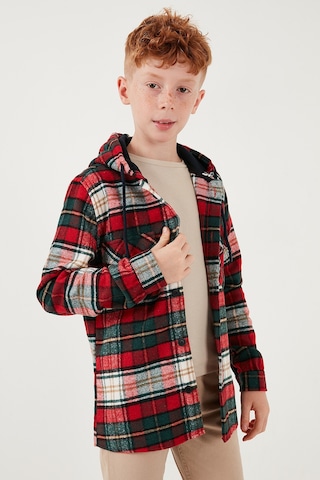 Lela Ekoseli Kapüşonlu Cepli Kışlık Oduncu Erkek Çocuk Gömlek Cf24W81779 Kırmızı-Yeşil