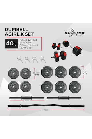 Tan Spor 40 KG Dambıl Ağırlık Halter  Kısa Bar ve Z Bar Seti