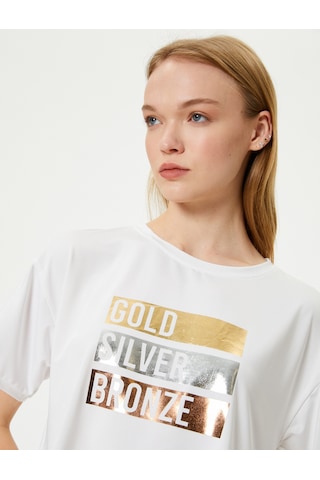 Koton Crop Tişört Slogan Baskılı Bisiklet Yaka Beyaz 4sak10305nk Beyaz
