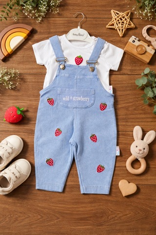 Baby Buu Çilek Desenli Denim Kotlu Kız Bebek Bayramlık Salopet Bahçıvan 6-9ay, 9-12ay, 12-18ay, 18-24ay Mavi Mavi