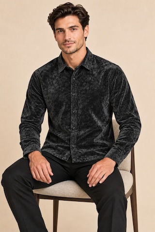 Tarz Cool Erkek Parlak Kadife Uzun Kollu Regular Fit Gömlek Siyah