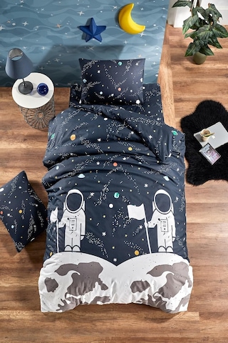 Çarşafı Lastikli Doğal Sağlıklı Pamuk Astronot Uzaylı Çocuk Nevresim Takımı Tek Kişilik, Lacive Lacivert