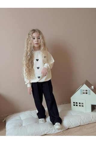 Miniko Kids Kız Çocuk Kalp Modelli Geniş Paça Pamuk Takım Siyah