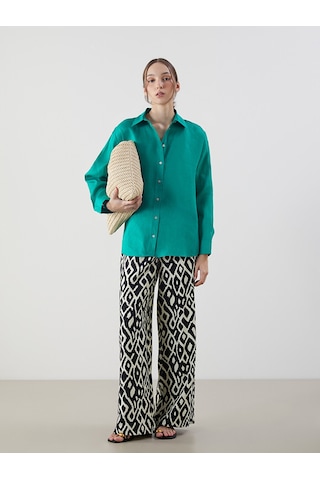 Lcw Vision Yeşil Oversize %100 Keten Kadın Gömlek