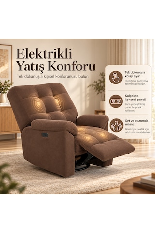 Smarto Relax Porto Masajlı Elektrikli Döner Sallanan Tv Koltuğu Kontrol Panelli Ergonomik Polyester Baba Koltuğu Kahverengi