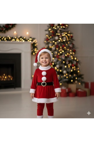 2 3 Yaş Kız Çocuk Noel Baba Kostümü Şapkalı Ve Kemerli Yılbaşı Elbise Seti Diğer