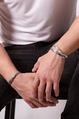 Gümüş 925 Ayar Desenli Kelepçe Bileklik - Silver