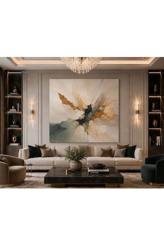 Lüks Modern Soyut Altın Dokulu Kanvas Tablo Bej, Petrol Yeşili Ve Altın Yaldız Efektli Dekoratif Duvar Tablosu Salon, Ofis, Yatak Odası Ve Antre İçin Premium Çağdaş Sanat Eseri