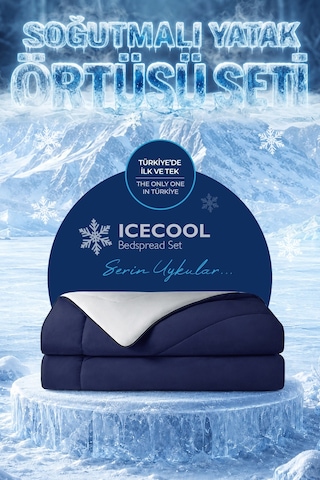 Soğutmalı Yatak Örtüsü Seti Çift Kişilik Soğuk Icecool 3 Parça Çift Taraflı Lacivert Gri