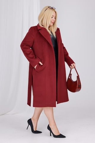 Kadın Bordo Yün Kaşe Kemer Ve Astar Detay Büyük Beden Kaban Bordo