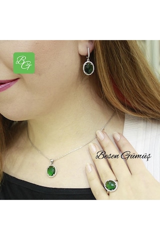 Etrafı Zirkon Taşlı Oval Yeşil Taşlı Set Rose Gold - Gümüş