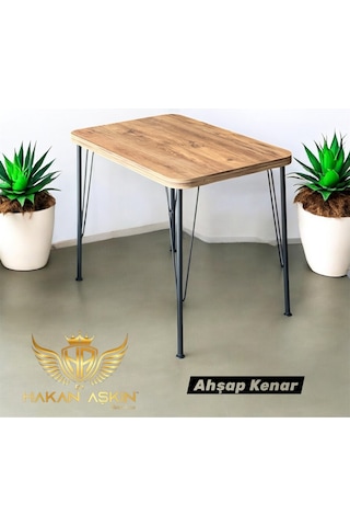 By Hakan Aşkın Siyah Metal Ayaklı 60x90 Cm Kalınlıklı Tek Masa Ahşap Kenar Mutfak - Balkon - Çalışma Masası Kahverengi