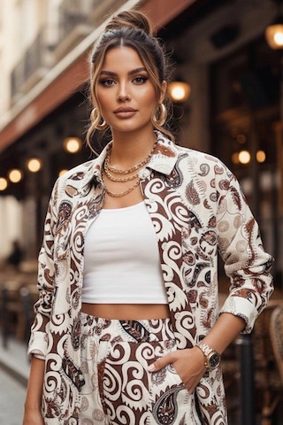 Etnik Desen Baskılı Keten Takım Kahverengi