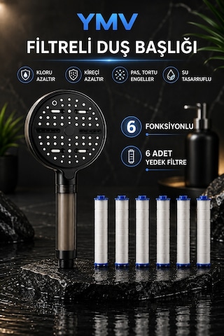 Ymv 6 Fonksiyonlu Filtreli Duş Başlığı + 6 Yedek Pp Filtre Masajlı Siyah Banyo El Duşu Krom