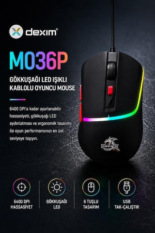 Dexim Dma027 M036p Kablolu Gökkuşağı Led Işıklı 6400 Dpı Gaming Mouse -