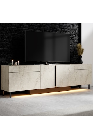 Paris Siyah Demir Ayaklı Rgb Led Işık Sistemli Traverten Tv Ünitesi Tv Sehpası Traverten - Siyah