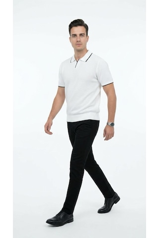 Plus Scorpion Erkek Pike Dokulu Triko Polo Yaka Tişört Slim Fit Şerit Detaylı Yazlık Model Beyaz