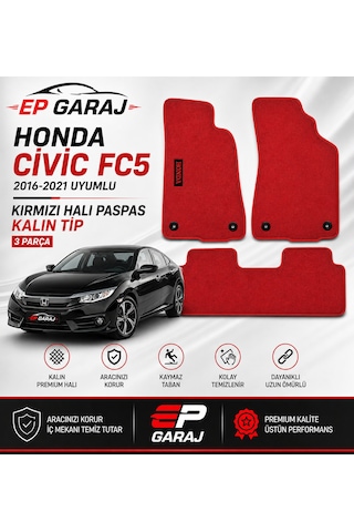 Honda Civic Fc5 2016-2021 Uyumlu Kırmızı Halı Paspas Takımı 3 Parça Kalın Tip