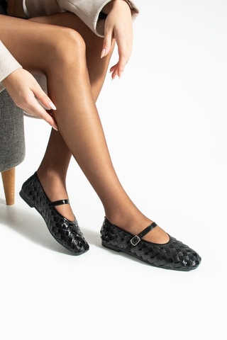Dabab Shoes Elvıa Kadın Örgü Dokulu Bilekten Bantlı Tokalı Mary Jane Düz Ayakkabı Siyah Babet