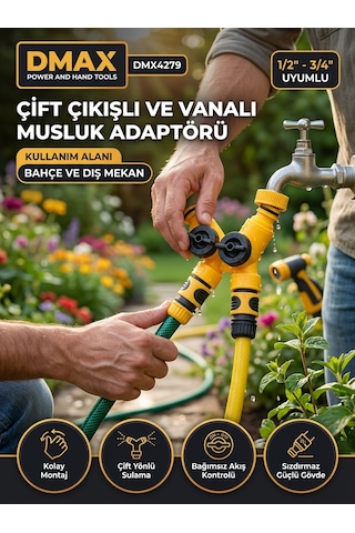 Dmax Çift Çıkışlı Vanalı Musluk Adaptörü 1/2-3/4