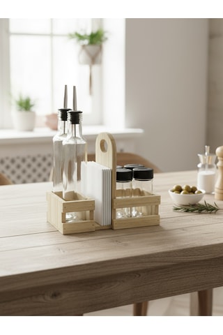 Ahşap Doğal Baharatlık Yağdanlık Ve Peçetelik Takımı Uzun Başlık Set Kavak-ıhlamur 1 Set Ahşap