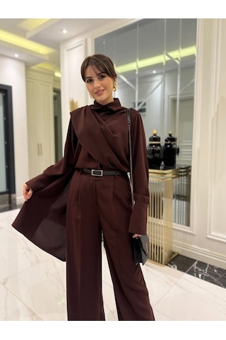 Efnaz Style Kadın Uzun Kollu Şal Detaylı Bluz Ve Pantolon Ikili Takım Kemer Dahil Değil Kahve