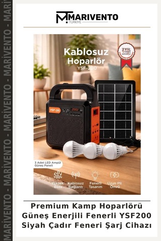 Premium Kamp Hoparlörü Güneş Enerjili Fenerli Ysf200 Siyah Çadır Feneri Şarj Cihazı