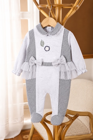 Babyhola Özel Tasarım Kız Bebek Etekli Tulum Çiçek Nakışlı Quenn Collection Yenidoğan Bebek Hediyesi 14031 Gri
