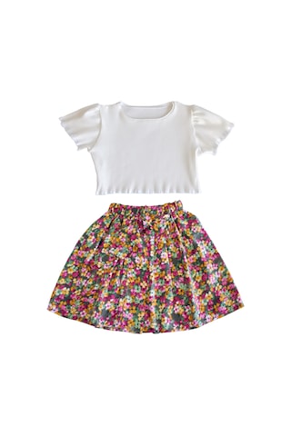 Moda59 Fitilli Crop Ve Etek Takım, Ekru Renk Modal Pamuk Crop - Pamuklu Viskon Çiçekli Etek Ekru - Kiremit