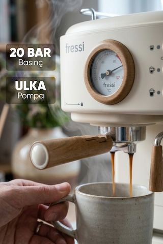 Fressi Mavera Ahşap Detaylı Espresso Kahve Makinesi 20 Bar Em-411 Krem