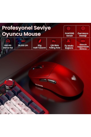 Aula Sc900 Max Paw3395 Sensör 30000 Dpı 8000hz Kablolu Ve Kablosuz Gaming Oyuncu Mouse Kırmızı Evrensel