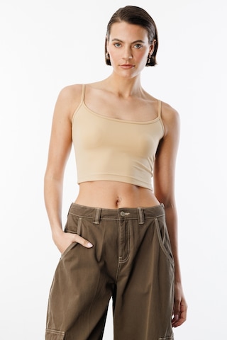 Genius Store Kadın Scuba Kumaş İp Askılı Crop Top Crop-atlet Bej