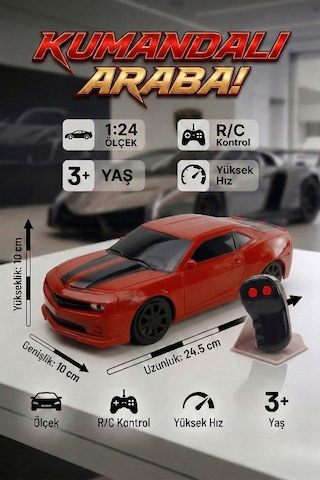 Uzaktan Kumandalı Araba 1:24 Ölçek Yarı Fonksiyonlu İleri Geri Hareketli Oyuncak Spor Araba Kırmızı Camaro