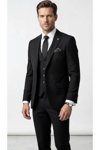 Erkek 3 Parça Slim Fit Takım Elbise Klasik Likralı Kumaş, Tek Düğme, Çift Yırtmaçlı Modern Kesim Ceket Yelek Pantolon Siyah