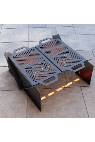 Kare Portatif Ateş Çukuru Çift Izgaralı Bahçeniz İçin Dekoratif Siyah