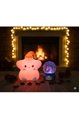2 Li Sevgiliye Romantik Hediye Seti Slikon Yıldız Renkli Led Gece Lambası Ve 9cm Mor Kar Küresi Seti Set